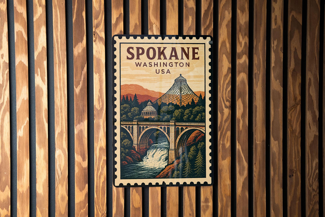 A vintage-style postage stamp depicting a scenic view of Spokane, Washington, USA, with a bridge and waterfall in the background.