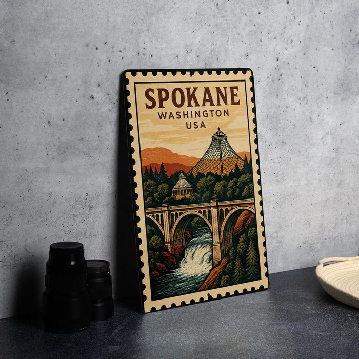 A framed poster of the Spokane, Washington, USA, featuring a scenic illustration of a bridge, waterfall, and mountains.
