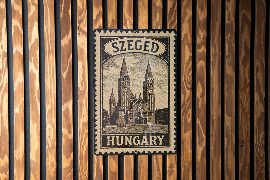 A vintage-style postage stamp from Hungary, featuring a church with two towers, is displayed on a wooden wall.