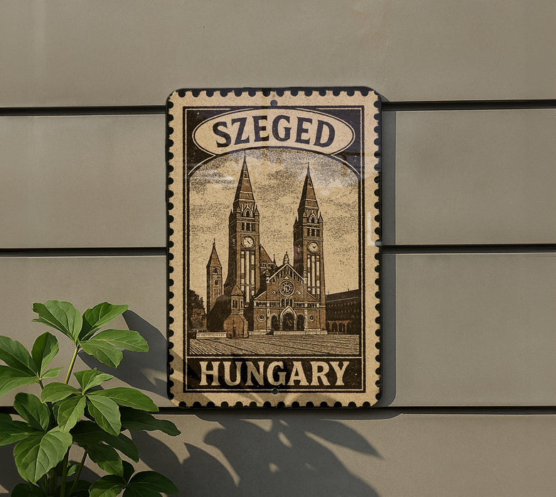 A postage stamp depicting the Szeged Cathedral in Hungary, with the word "Hungary" written below it.