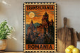 A vintage-style metal sign with the text "Transylvania Romania" and an illustration of a castle against a night sky with a full moon.