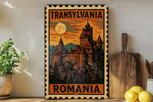 A vintage-style metal sign with the text "Transylvania Romania" and an illustration of a castle against a night sky with a full moon.