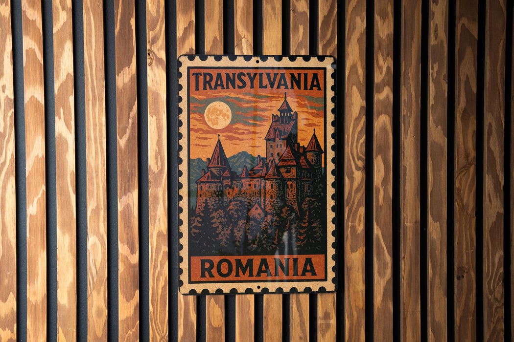 A vintage postage stamp from Romania depicting a castle, with the text "TRANSYLVANIA ROMANIA" printed on it.