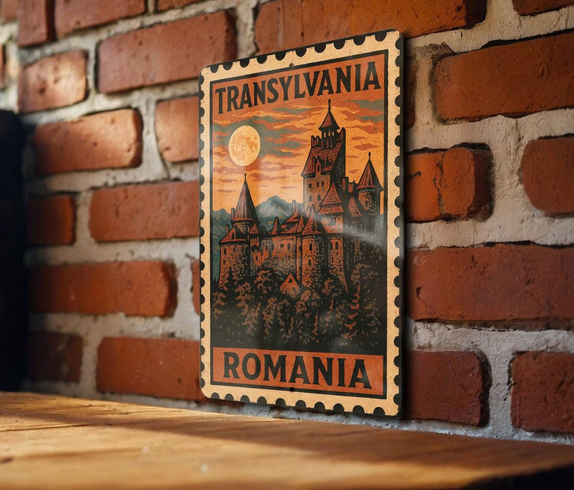 A vintage-style metal stamp depicting a castle in Romania, with the text "Transylvania" and "Romania" printed on it, mounted on a brick wall.