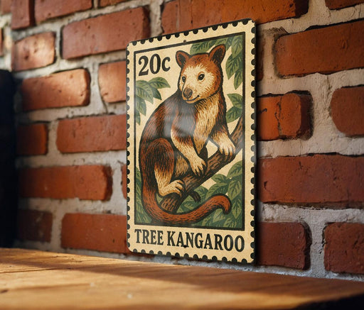 A 20c postage stamp featuring a tree kangaroo is displayed on a brick wall.