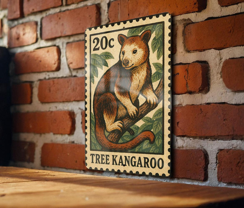 A 20c postage stamp featuring a tree kangaroo is displayed on a brick wall.