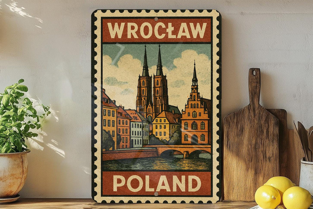 A vintage-style metal sign with a painting of a cityscape and the text "Wrocław Poland" displayed on it, placed on a shelf next to a wooden cutting board and some potted plants.