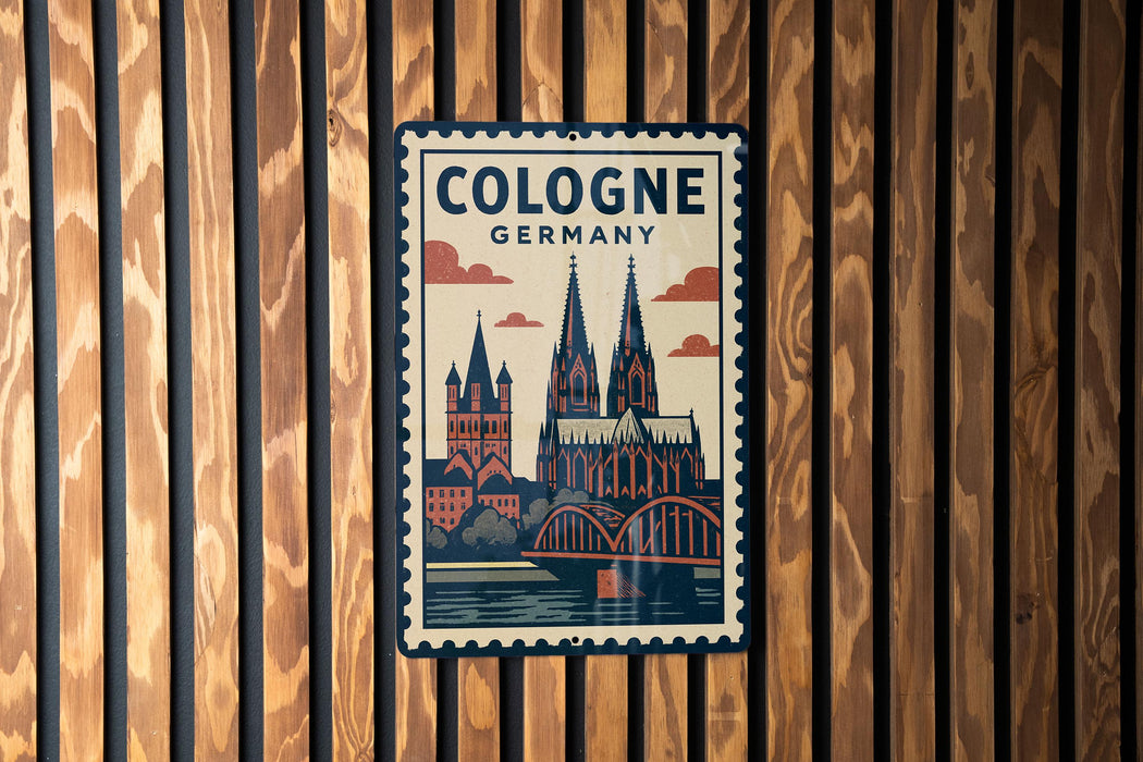 A vintage-style postage stamp depicting the Cologne Cathedral in Germany, with the text "Cologne Germany" prominently displayed.