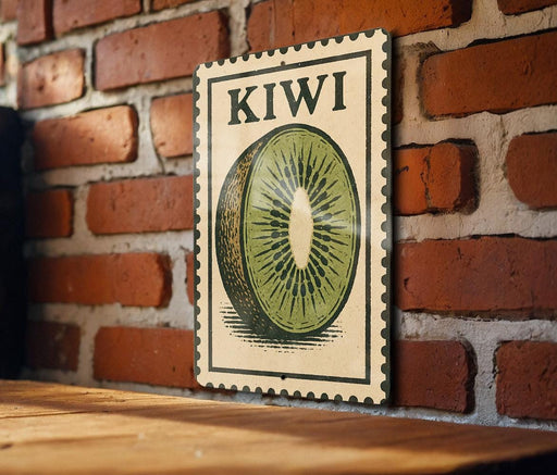 A vintage-style stamp or sign featuring a kiwi fruit illustration, mounted on a brick wall.