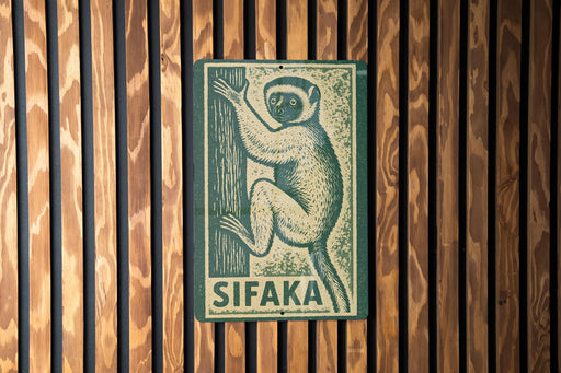 A metal sign with a monkey illustration is mounted on a wooden wall.