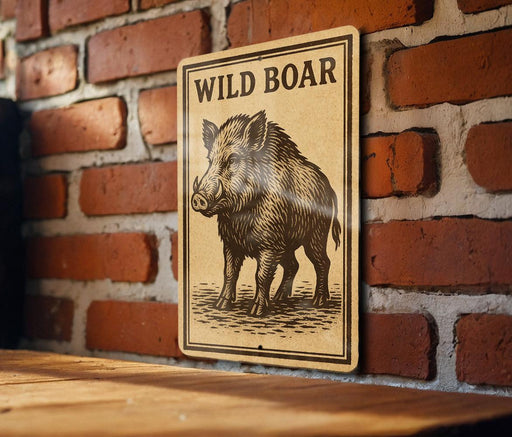 a sign with a picture of a wild boar on it, mounted on a brick wall.