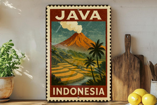 A vintage-style poster of Java, Indonesia, featuring a mountain with a plume of smoke rising from it, surrounded by palm trees and rice fields.