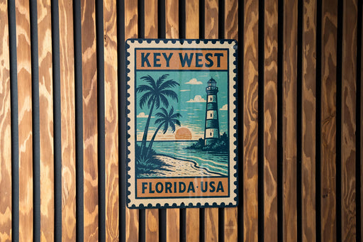 A vintage-style metal sign with a lighthouse and palm trees, mounted on a wooden wall.