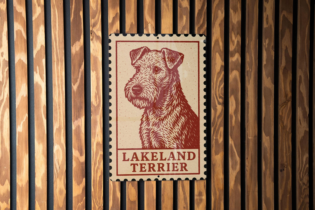 A red and white stamp-like sign featuring a portrait of a Lakeland Terrier dog.