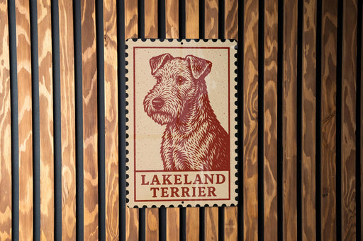 A red and white stamp-like sign featuring a portrait of a Lakeland Terrier dog.