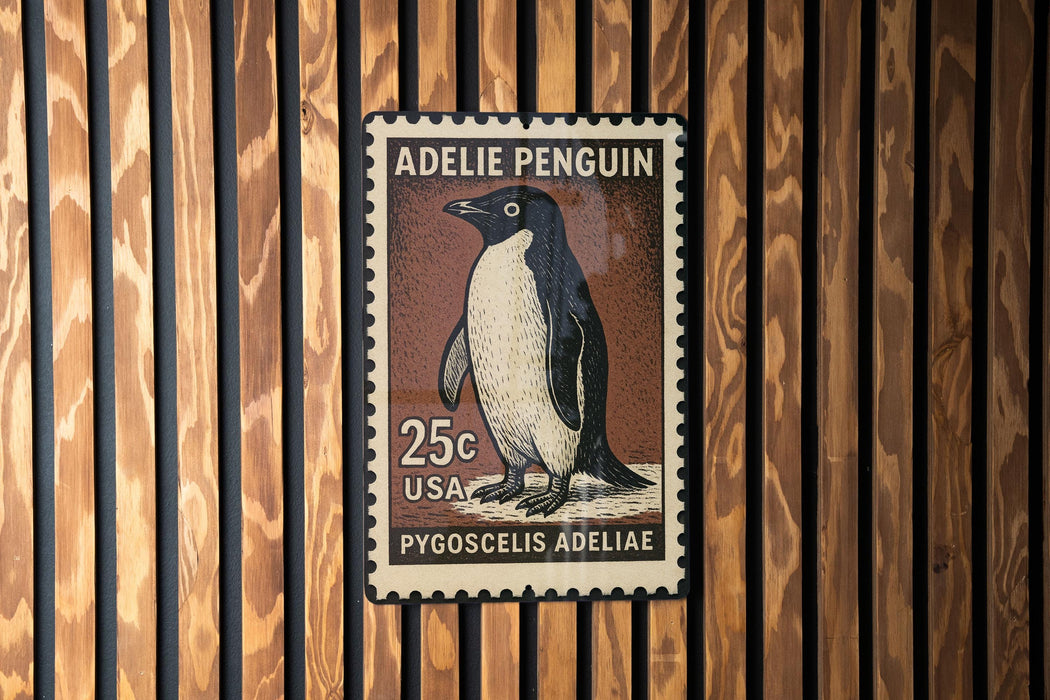A 25c US postage stamp featuring an illustration of an Adelie penguin.