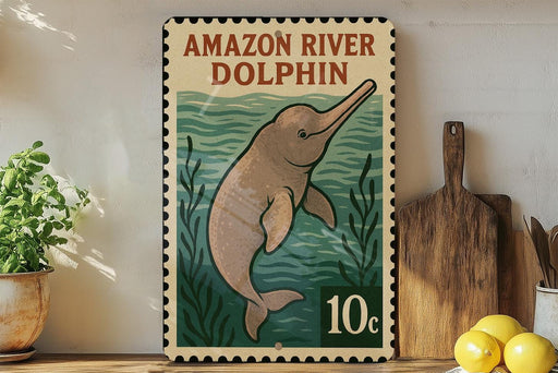 A vintage-style stamp depicting an Amazon River dolphin, with the text "AMAZON RIVER DOLPHIN" and a price of 10 cents. The stamp is displayed on a shelf next to a potted plant and a wooden cutting board.