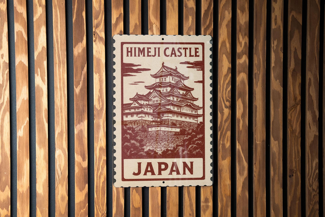 A sign for Himeji Castle, a famous landmark in Japan, is displayed on a wooden wall.
