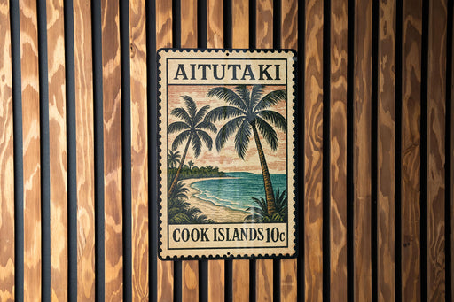 A vintage-style metal sign with a tropical beach scene and palm trees, mounted on a wooden wall.