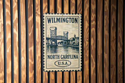 A metal sign with a drawing of a bridge and the text "WILMINGTON NORTH CAROLINA U.S.A."