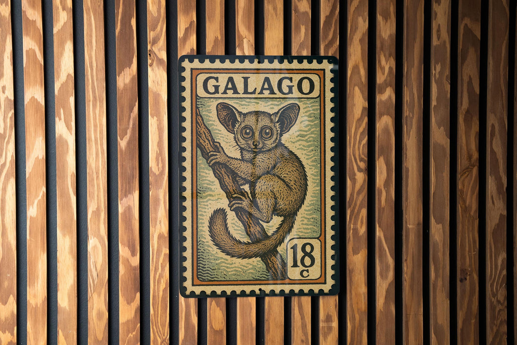 A postage stamp featuring a lemur, a type of primate, is displayed on a wooden wall.