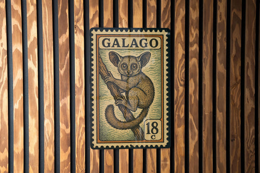 A postage stamp featuring a lemur, a type of primate, is displayed on a wooden wall.