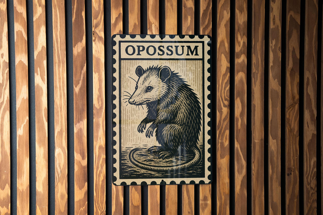 A metal sign with the word "OPOSSUM" printed on it, featuring an illustration of an opossum.