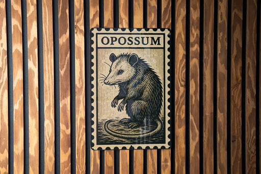 A metal sign with the word "OPOSSUM" printed on it, featuring an illustration of an opossum.