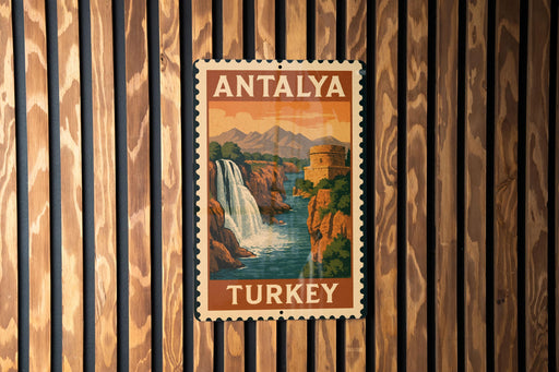 A vintage postage stamp from Turkey depicting a waterfall and mountains, mounted on a wooden wall.