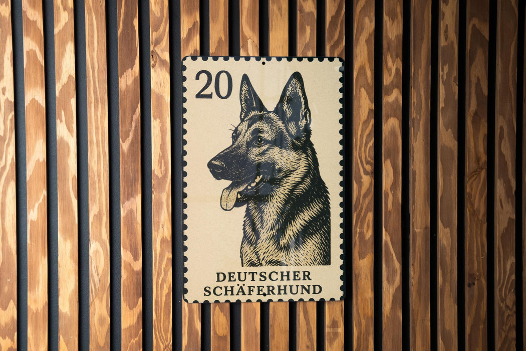 A German Shepherd dog is depicted on a German postage stamp, which is affixed to a wooden wall.