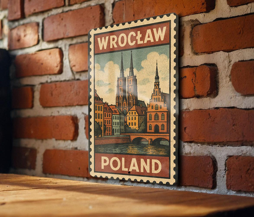 A vintage-style poster of Wrocław, Poland, featuring a cityscape with a church spire and a bridge, mounted on a brick wall.