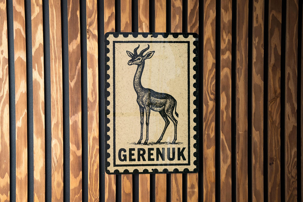 a stamp-like sign with a giraffe illustration, mounted on a wooden wall.