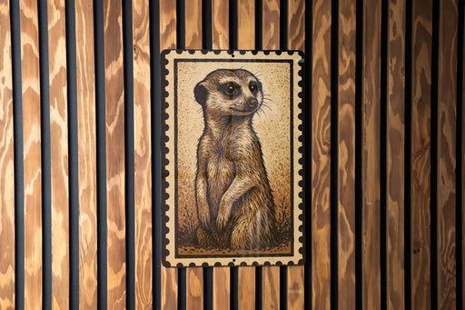 a meerkat, a small burrowing mammal native to Africa, depicted in a framed artwork.