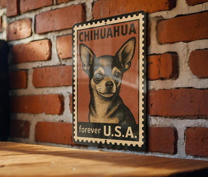 A framed poster of a Chihuahua dog is displayed on a brick wall, with the text "CHIHUAHUA forever U.S.A." printed on it.