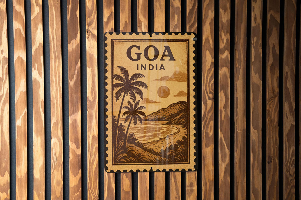 A vintage-style metal sign with the text "GOA INDIA" displayed prominently, featuring a tropical landscape with palm trees and a body of water.