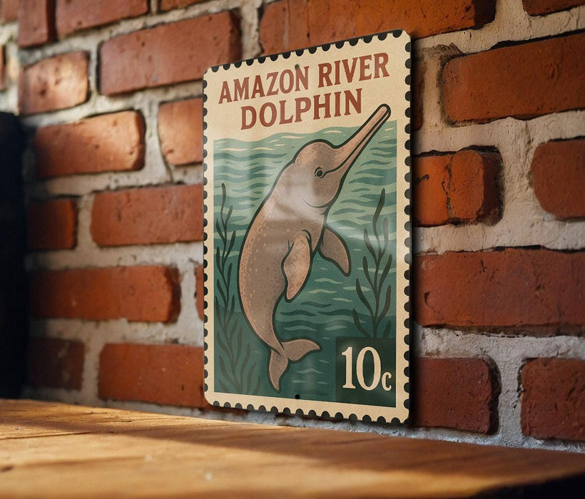A metal sign with a picture of an Amazon River dolphin on it, mounted on a brick wall.