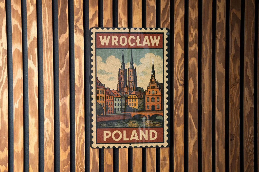 A vintage-style metal sign with the text "WROCLAW POLAND" displayed on a wooden wall.