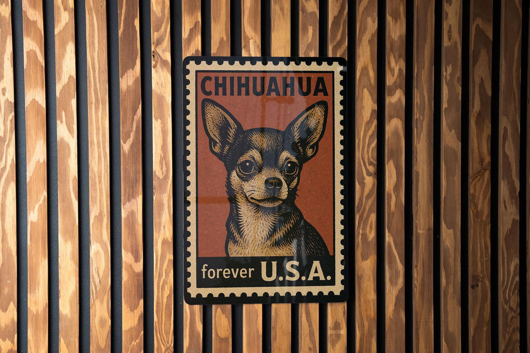 A Chihuahua dog poster is displayed on a wooden wall, featuring the text "CHIHUAHUA forever U.S.A."
