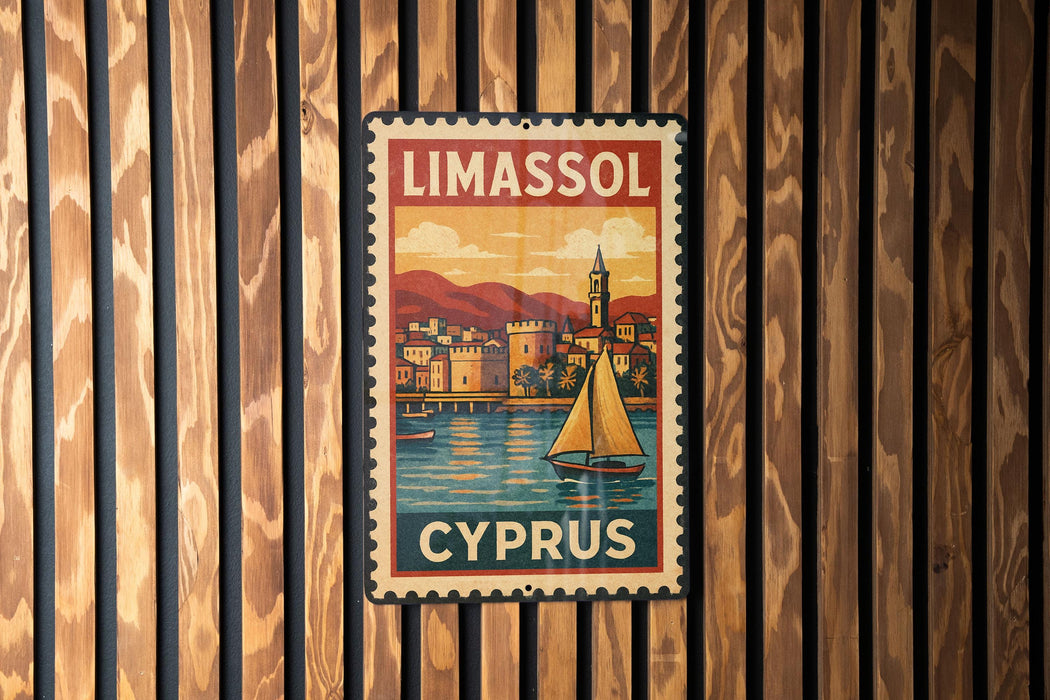 A vintage-style metal sign with the text "LIMASSOL" and "CYPRUS" printed on it, hanging on a wooden wall.