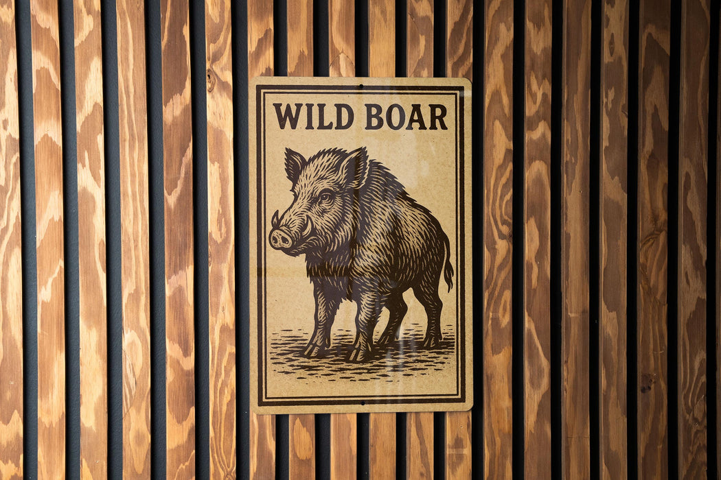 a sign with the text "WILD BOAR" and an illustration of a wild boar.