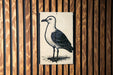 a black and white illustration of a bird, specifically a seagull, standing on one leg against a wooden background.