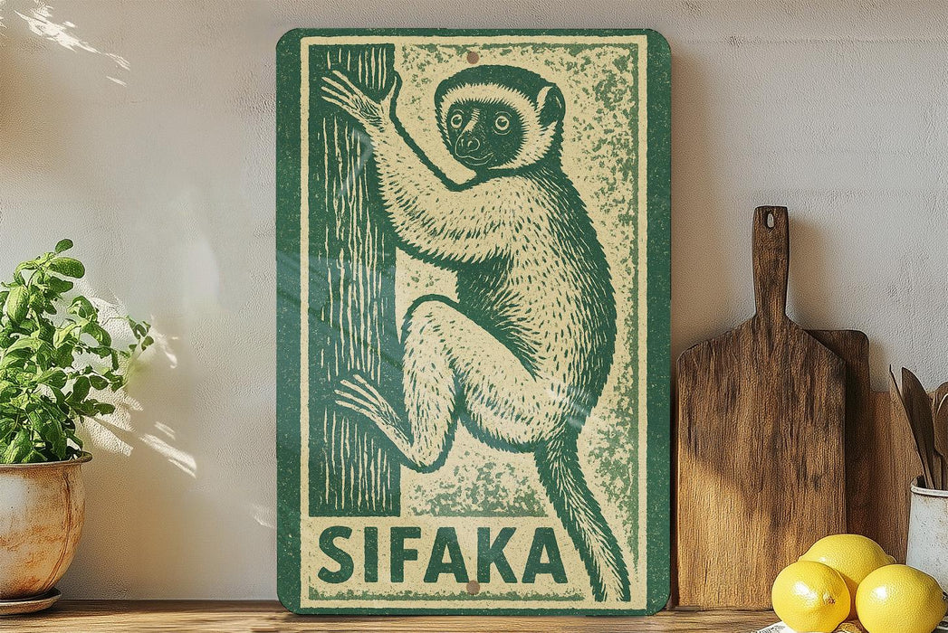 a green and white sign with a monkey illustration, placed on a wooden surface next to a wooden cutting board and some lemons.