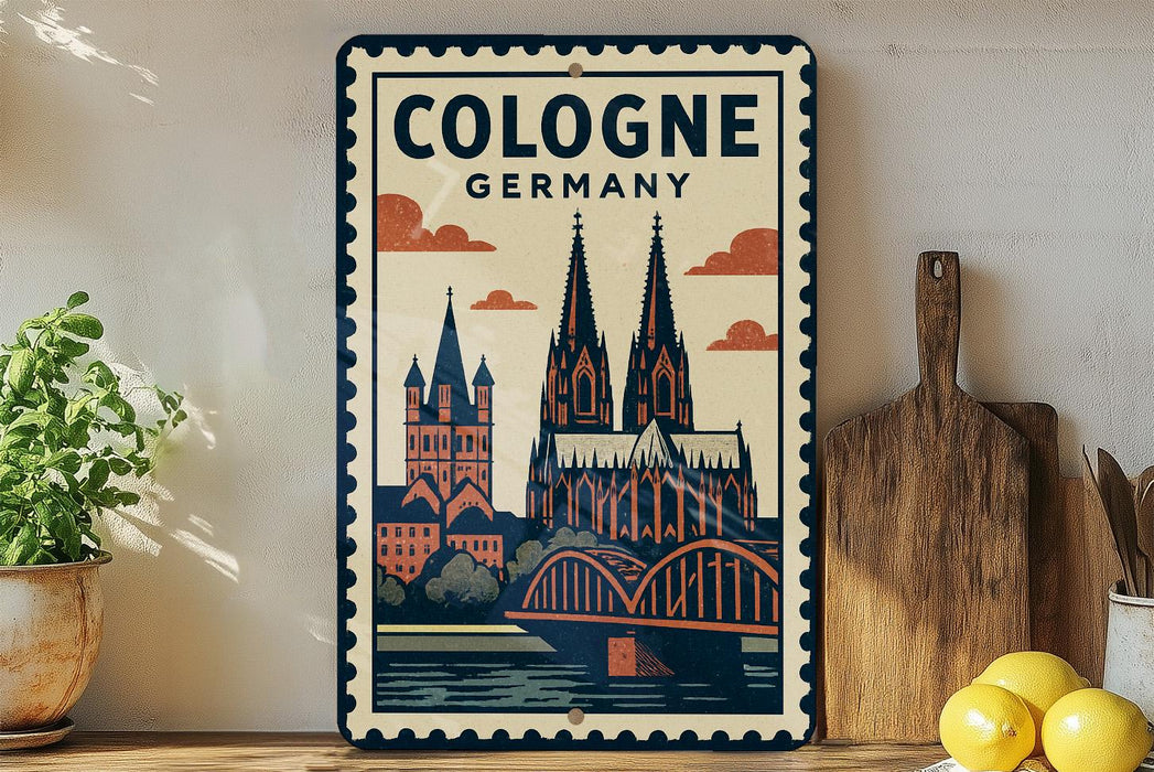 A vintage-style metal sign with a colorful illustration of the Cologne Cathedral in Germany, featuring a castle, bridge, and clouds in the background.