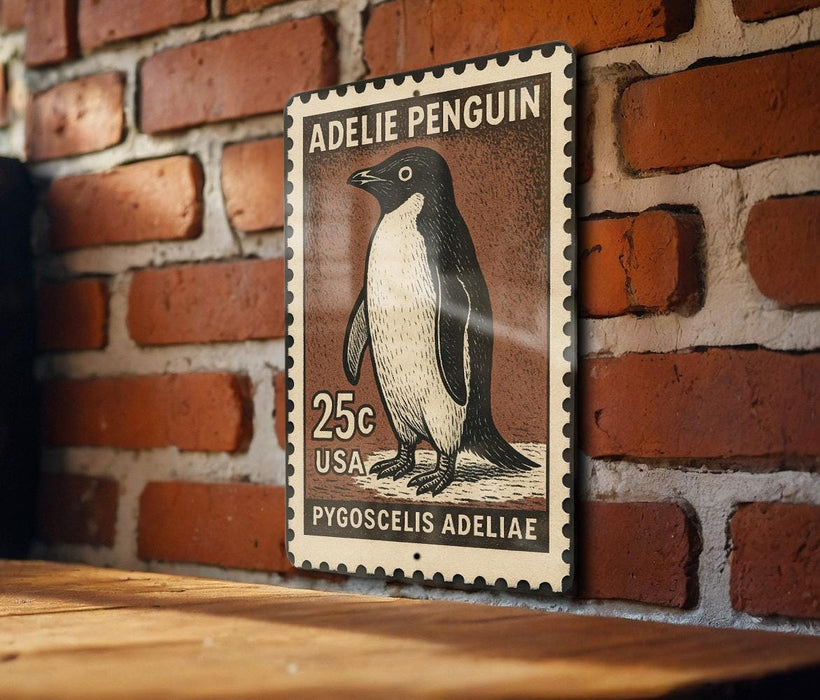 A 25c US postage stamp featuring an illustration of a penguin is displayed on a brick wall.