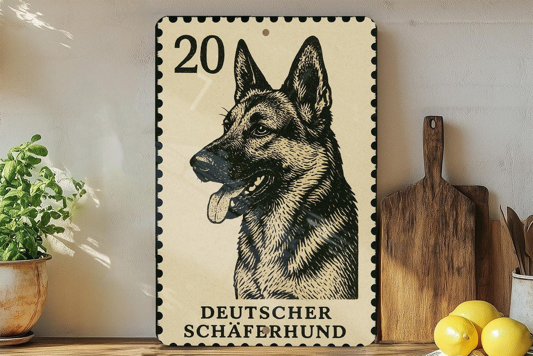 A German Shepherd dog is depicted on a German postage stamp, which is placed on a wooden surface next to a wooden cutting board and some lemons.