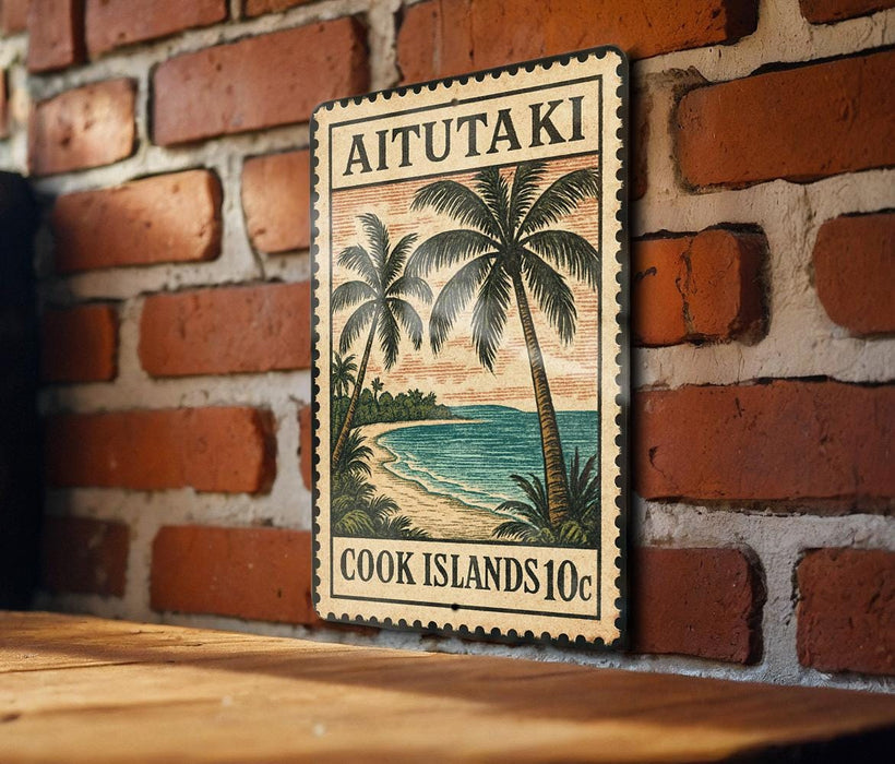 A vintage-style sign with a tropical beach scene and palm trees, mounted on a brick wall.