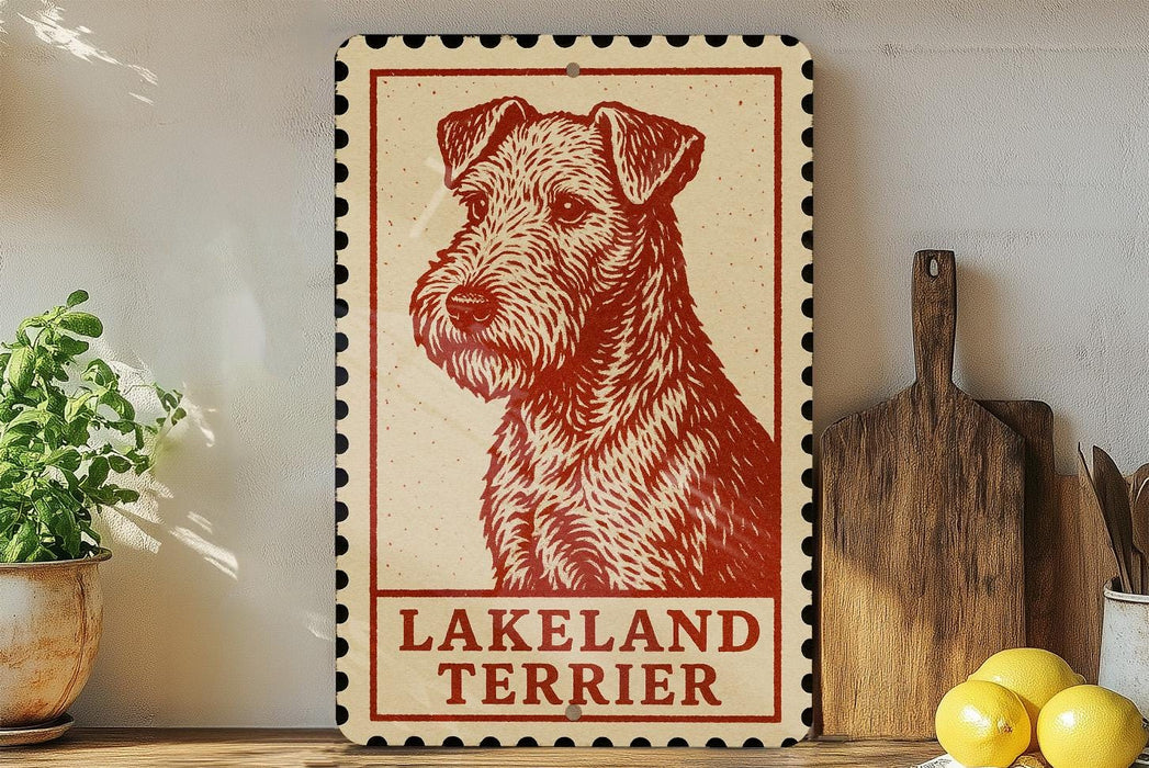 A vintage-style sign featuring a red and white illustration of a Lakeland Terrier dog, placed on a wooden surface next to a wooden cutting board and some lemons.
