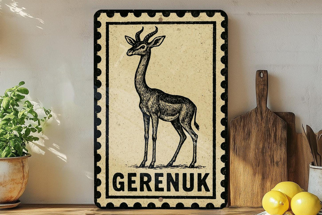 a decorative sign with a giraffe illustration, placed on a shelf next to a wooden cutting board and some kitchen utensils.