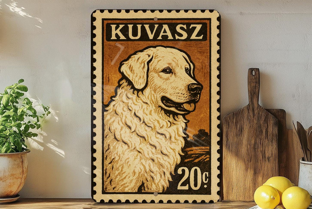 a wooden cutting board, a potted plant, and a wooden board with a price tag of 20 cents. There is also a framed image of a dog on the wall.