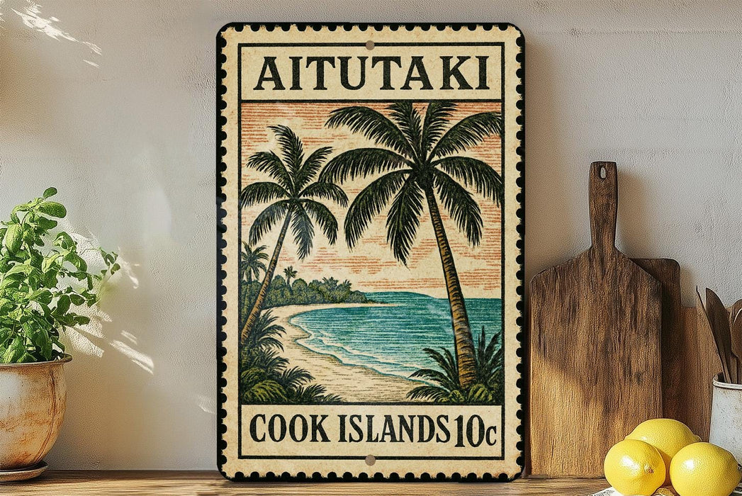 A vintage-style metal sign with a tropical beach scene, featuring palm trees and a sunset over the ocean, is displayed on a shelf next to a wooden cutting board and some lemons.